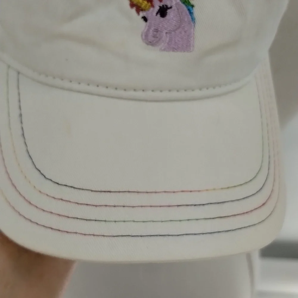 EMOJIONE Unicorn decal ball cap hat white with rainbow stitching colors